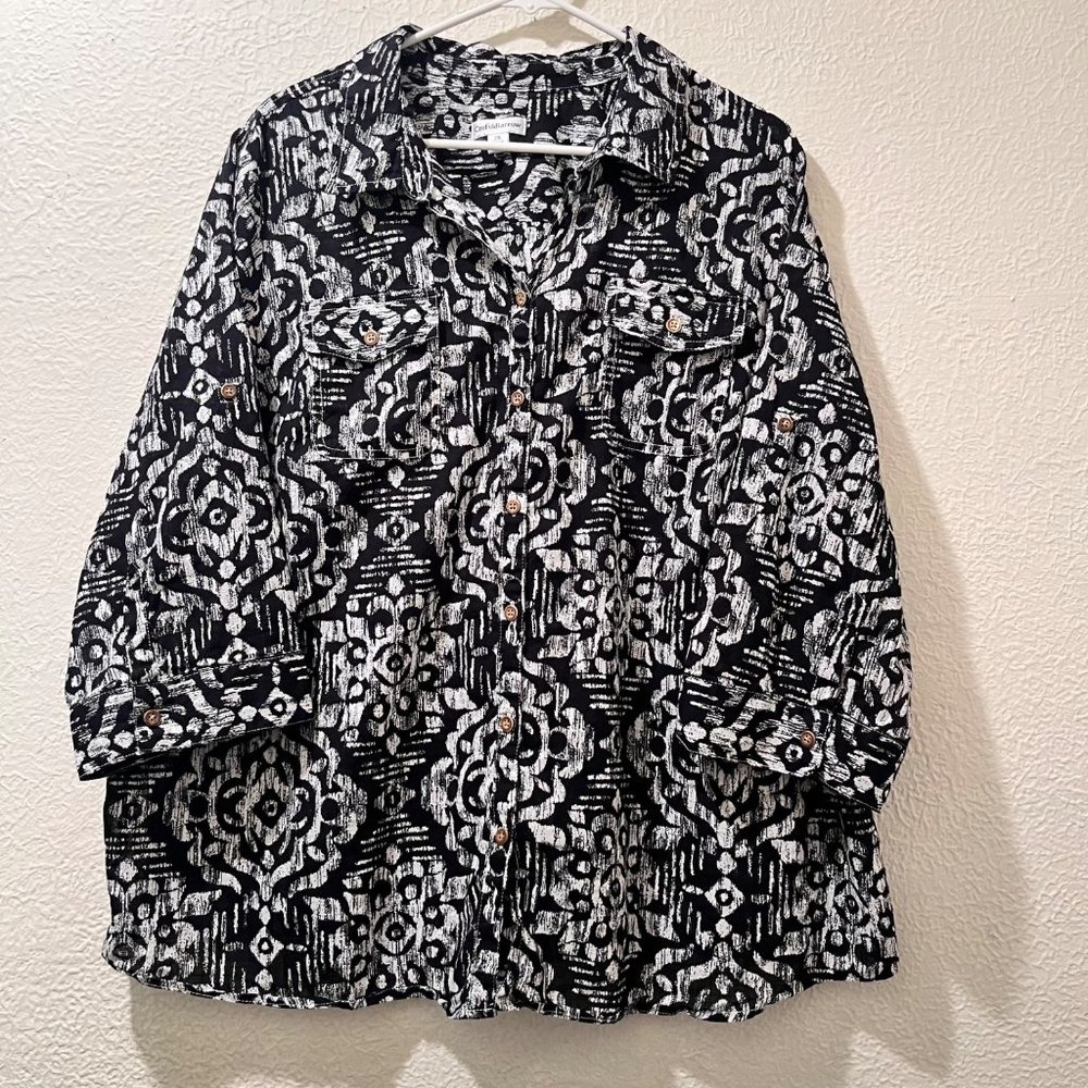 Croft & Barrow Women Black White Button Down Roll Tab Sleeve Blouse Size 2XL